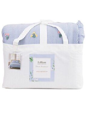 Lillian August Floral Embroidered Blue Seersucker Comforter Set